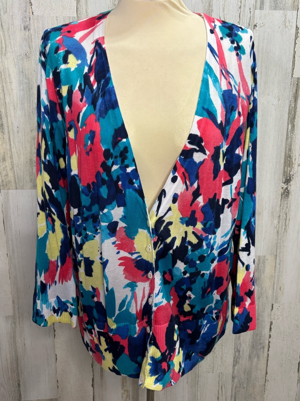 Lane Bryant Vibrant Colorful Abstract Floral Print V-Neck Button Front Cardigan